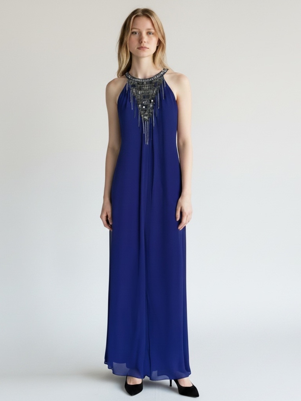 NWOT BCBGMAXAZRIA Beaded Silk Gown Dark Regal Blue Size 0